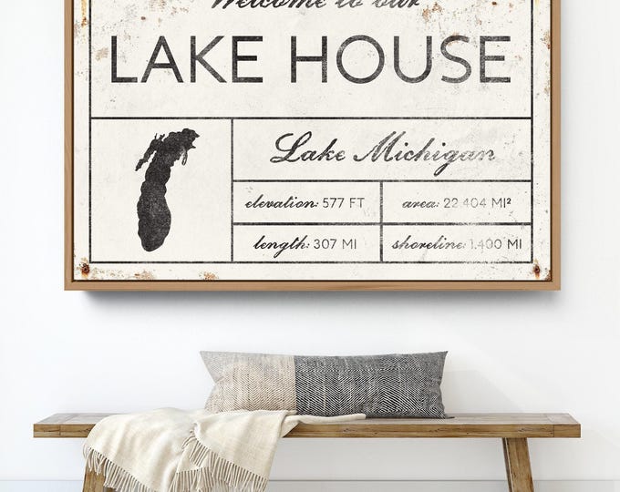 Welcome to our LAKE HOUSE sign, vintage Lake Michigan canvas for above couch, extra large framed modern farmhouse decor, White Rusted Screws