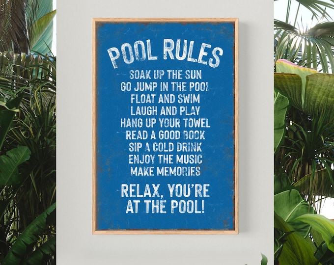 Vintage Pool Rules Wall Art, Blue Poolside Decor for Game Room or Backyard Entertaining Area