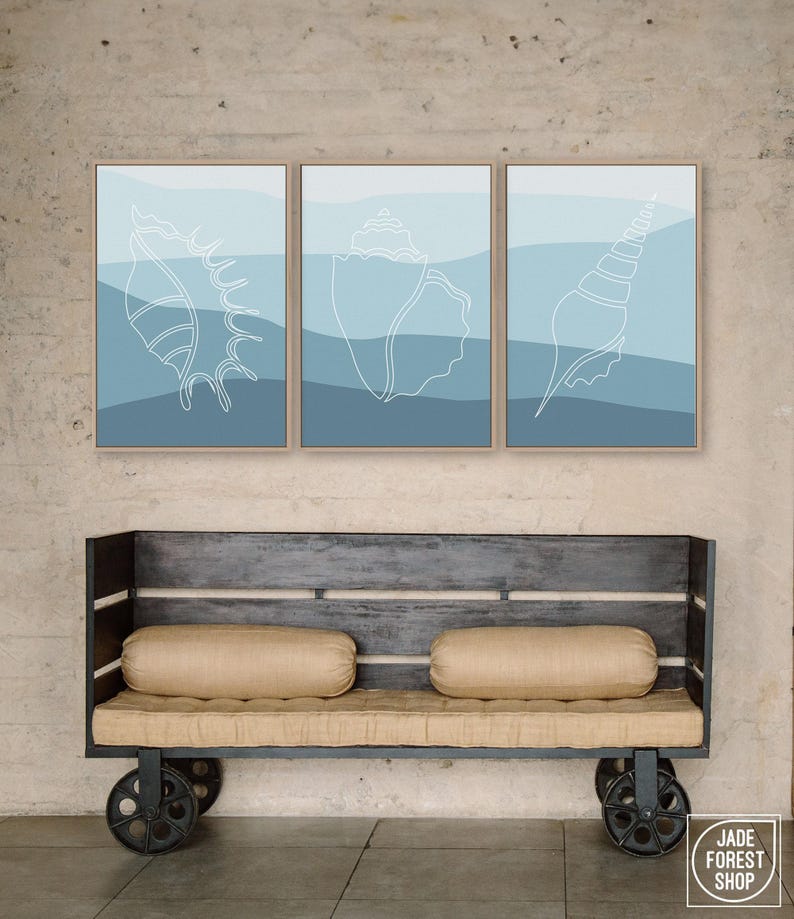 Conchas marinas y olas, arte abstracto para pared en gran formato, playa y olas, decoración playera. imagen 2