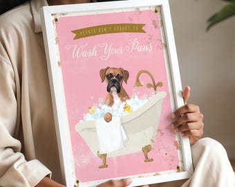 Pup in a Pink Clawfoot Tub of Bubbles, Boxer Dog Art