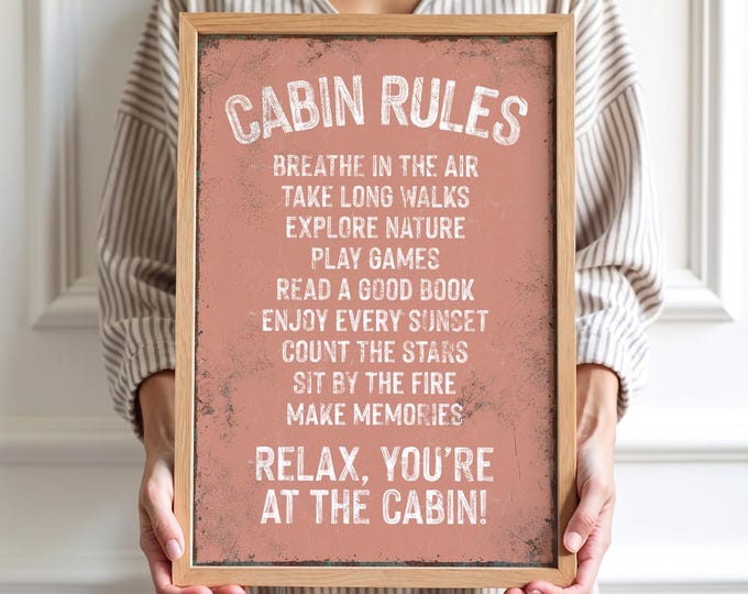 Retro Cabin Rules Sign - Coral Ski Lodge Rustic Wall Decor