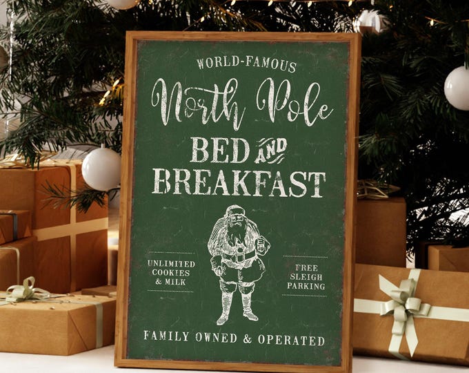Santa Holiday Art, North Pole Bed and Breakfast with Cookies and Milk in Cream on Green