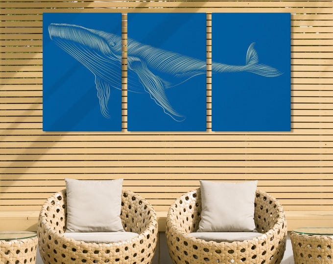 Large Whale Art Set of 3, White Line Whale on Cobalt Blue, Ocean Theme Canvas Triptych