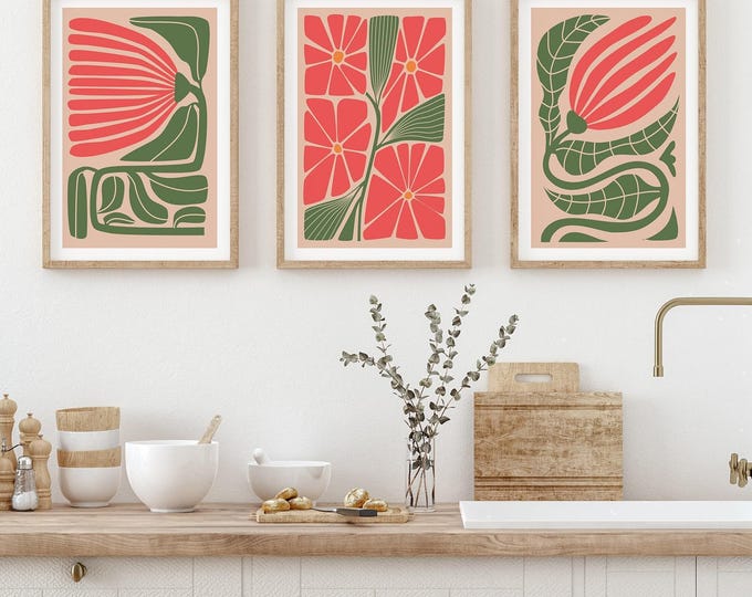 Triptych Wall Art, 3 Piece Wall Set, Flower Mural, Abstract Floral Panels, Modern Framed Decor, Farmhouse Style, Office or Beach House