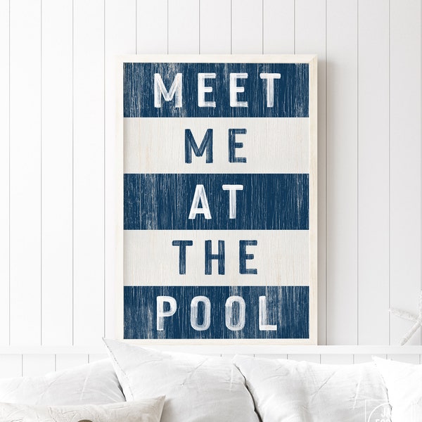 Vintage Meet Me at the Pool Sign - Navy and White Stripes - Retro Canvas Print for Modern Farmhouse Decor - Pool Themed Home Decoration