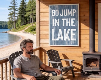 Blue Lake House Sign in Harbor Blue, Go Jump In The Lake Wall Art, Coastal Faux Wood Print