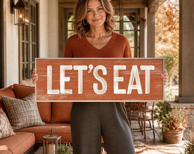Holiday Home Decor, Lets Eat Sign, Burnt Orange and Cream Weathered Art