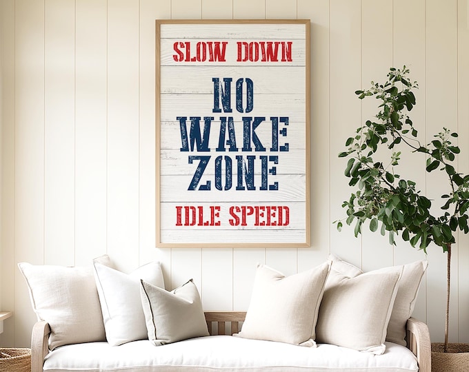 No Wake Zone Sign: Vintage Nautical Wood, Blue and Red