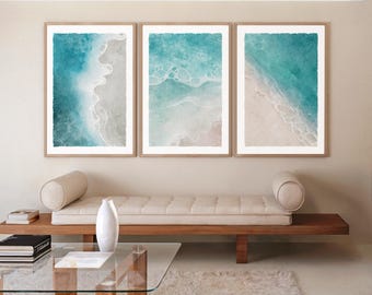 Watercolor Beach Wave Triptych No. 372, Tranquil Aqua Ocean Wall Art Set of Three Prints, Turquoise Blue Ocean Waves, Tropical Canvas Art