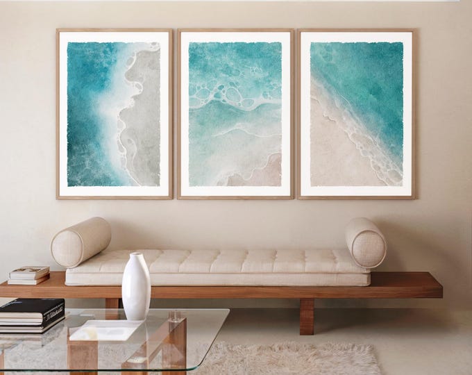 Watercolor Beach Wave Triptych No. 372, Tranquil Aqua Ocean Wall Art Set of Three Prints, Turquoise Blue Ocean Waves, Tropical Canvas Art
