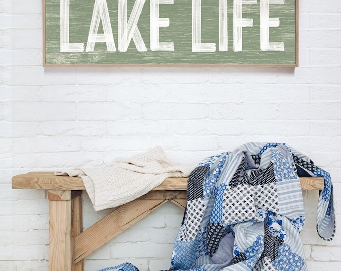 Lake Life Signs, Lake House Decor, Driftwood Wall Art, Vintage Farmhouse Sign, Faux Weathered Wood, Horizontal Wall Decor for Cabin