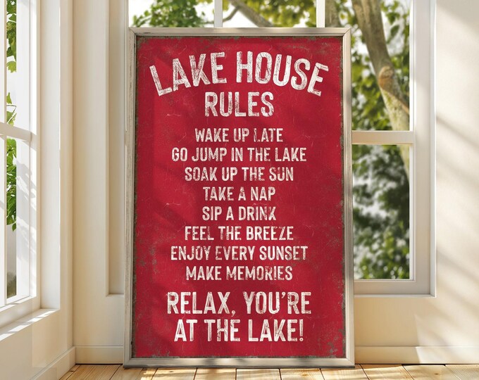 Lake House Rules Red Sign, Relax At The Lake, Living Room Lake House Art