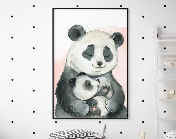 Zoo Animal Decor, Mommy and Baby Panda Watercolor Print, Soft Black and Grey Nursery Art