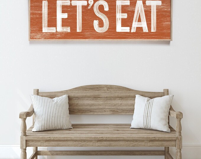 LET'S EAT Thanksgiving Sign in Burnt Orange, faux weathered wood, holiday wall print, vintage farmhouse, long horizontal wall art