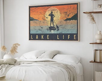 Vintage Lake Wall Art: Paddleboard Sunset Scene, Rustic Style