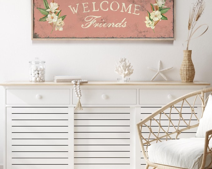 Coral Pink Magnolia Welcome Friends Canvas Print, Vintage Floral Welcome Wall Art, Modern Farmhouse Spring Decor, Antique Retro Flower Sign