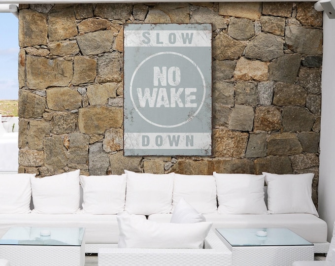Vintage Rustic Print, Slow No Wake Down Sign, Slate Blue Gray Cabin Dad Gift