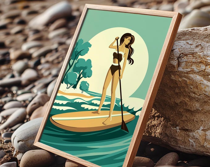 Beach Paddleboarding Print: Vintage Coastal Decor (Multiple Sizes)