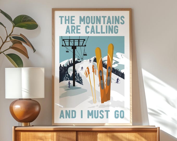 White Mountain Ski Poster, The Mountains Are Calling Retro Travel Print, Orange Skis Cabin Art