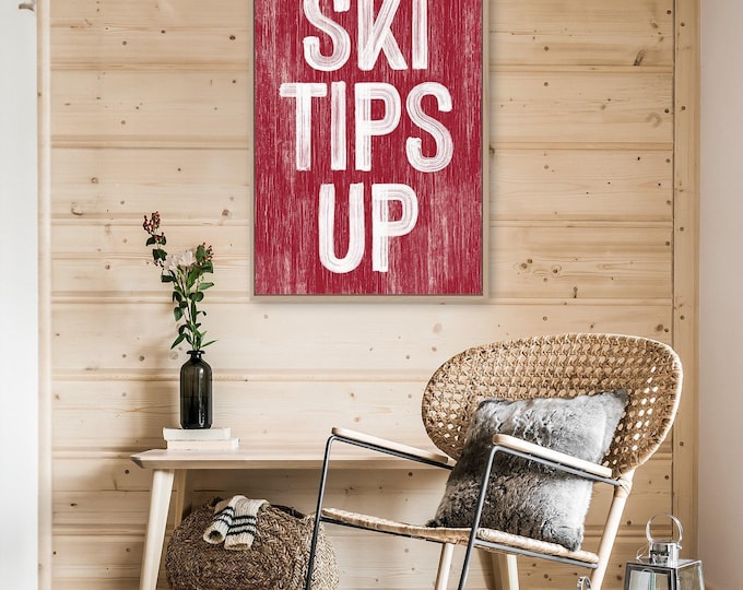 Ski Gift, Ski Tips Up Sign in White on Barn Red Weathered Plank, Cozy Lodge Cabin Art