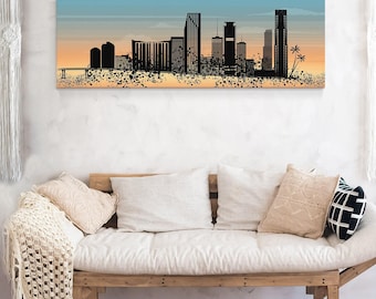 Retro Miami Skyline Sunrise Wall Art, Farmhouse Urban Living Decor