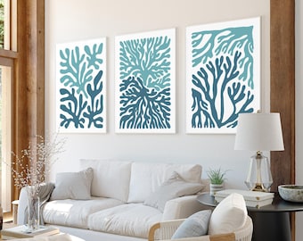 Triptych Wall Art, Beach House Decor, Coral Reef, 3 Piece Canvas Set, Ocean-Themed Wall Hanging, Blue Green Coastal Office Decoration
