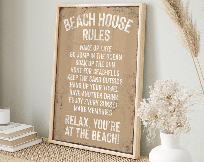 Coastal Cabin Beach House Rules Sign, Latte Beige Vintage Canvas, Rustic Cabin Wall Decor