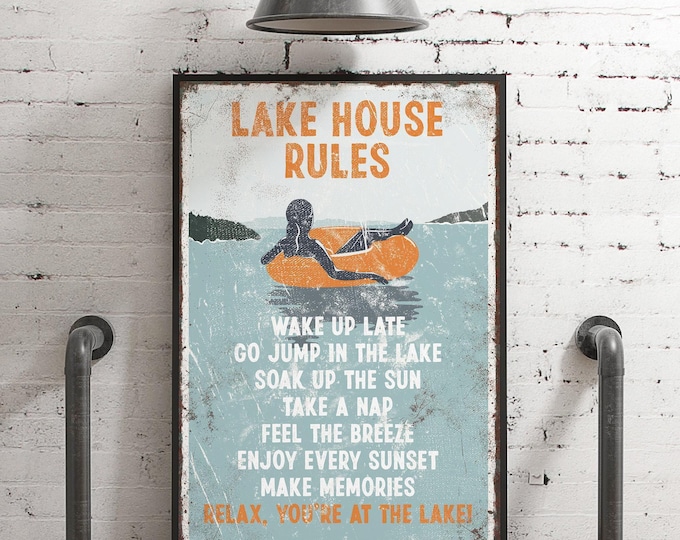 Aluminum Beach Sign, Lake House Rules, Vintage Poster Print, Retro Wall Art, Large Lake Decor, Tubing Woman Canvas or Metal Print