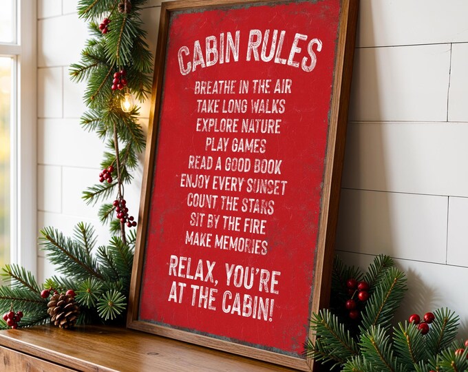 Cabin Sign Print, Red Cabin Sign, Rustic Cabin Rules Wall Art, Bright Red Cream Decor