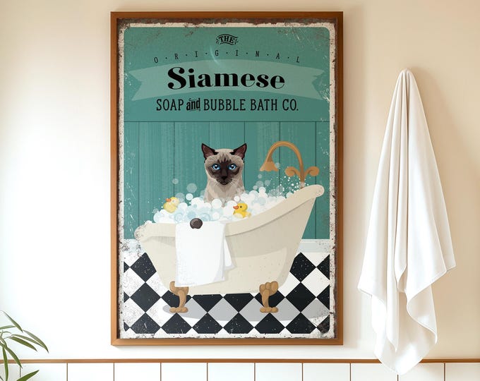 Bubble Bath Poster, Siamese Bath Poster, Pet Lovers Gift, Vintage Bathroom Print, Retro Cat Art, Funny Animal Decor, Home Wall Decoration