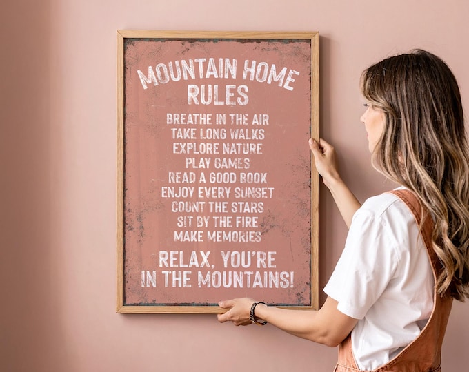 Coral Pink Mountain House Rules Sign - Rustic Ski Lodge Decor