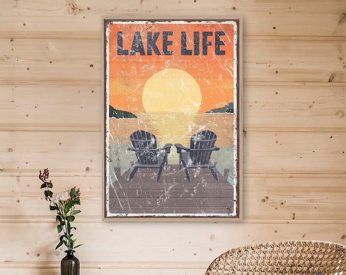Sunset Lake Art, Adirondack Chairs on the Dock, Vintage Lake Life Cabin Wall Print