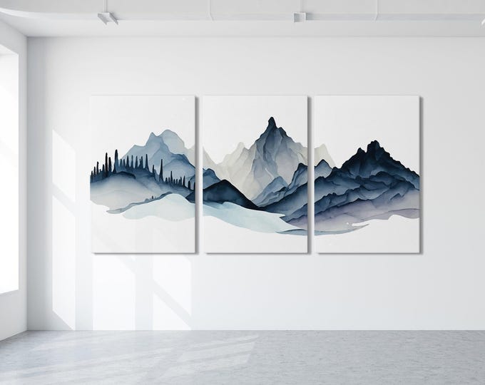 Camp Cabin Art, Blue Grey Watercolor Mountain Triptych, Slate Pine Landscape Canvas Set