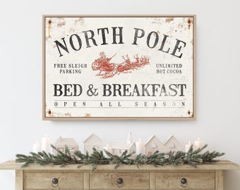 Sleigh Sign, North Pole Bed and Breakfast in Charcoal on Rust-Spotted Aged Cream