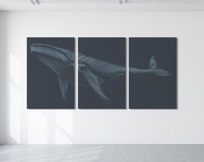 3 Piece Wall Art Whale Set, Dotted Humpback on Charcoal Navy, Modern Coastal Triptych