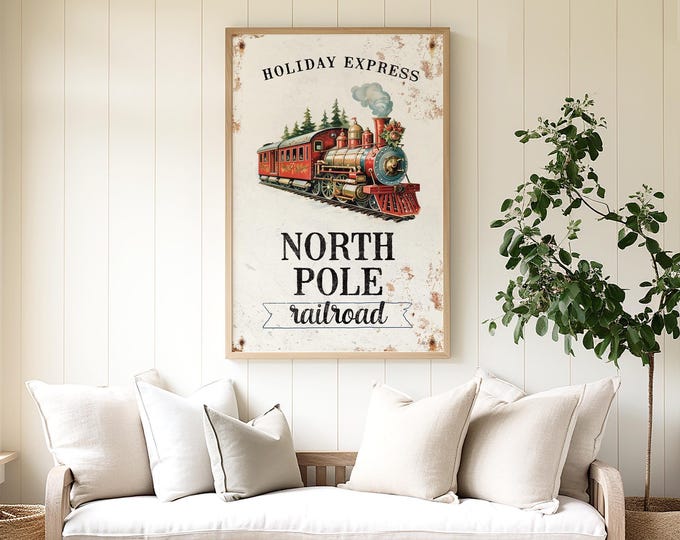North Pole Decor, Holiday Express Railroad with a Steam Locomotive and Pine Sprigs