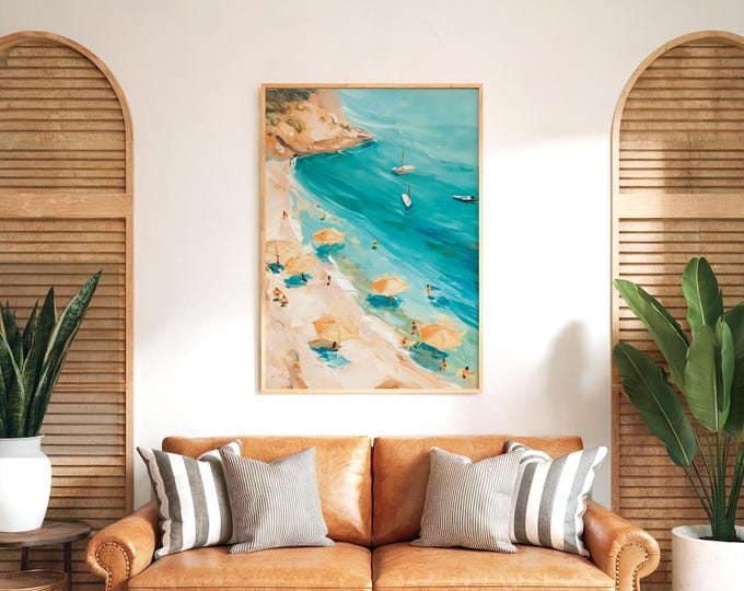 Italian Coastline Wall Art, Impressionist Seaside Cove Painting, Mediterranean Decor