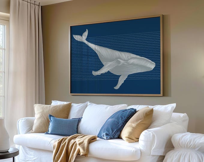 Abstract Whale Decor Canvas, Royal Navy Humpback Engraving Print, Nautical Beach House Gift