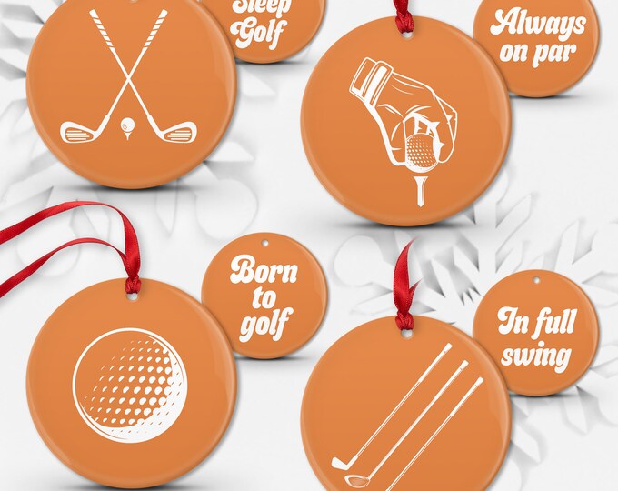 Orange Golf Christmas Ornament, Set of 4, Double Sided Golf Ornaments Ceramic Porcelain or Shatterproof Aluminum, Choice of Colors • 01, 04