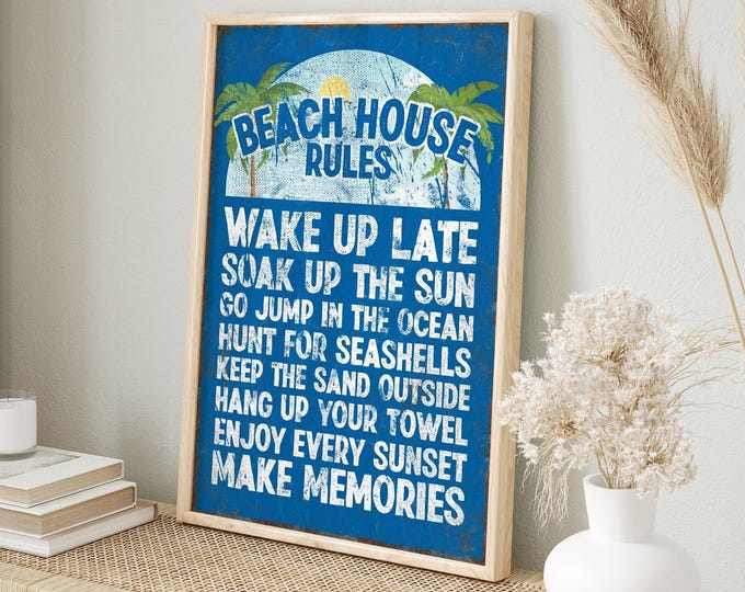 Vintage Beach Sign, Ocean Blue House Rules Wall Art, Palm Tree Farmhouse Coastal Print