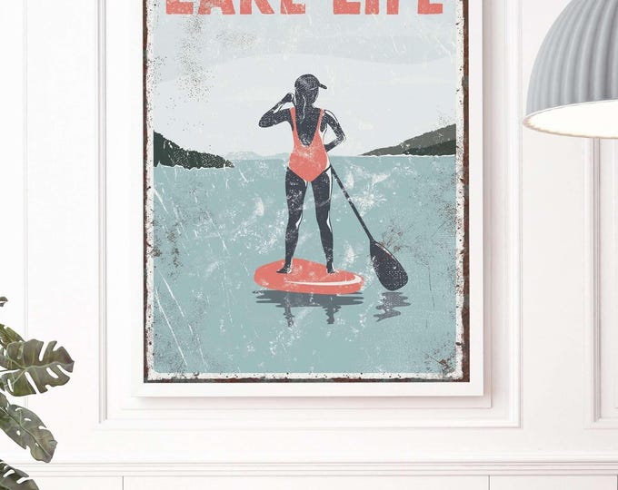 Relaxing Lake Decor, Coral Paddleboard Wall Art, Gift for Her
