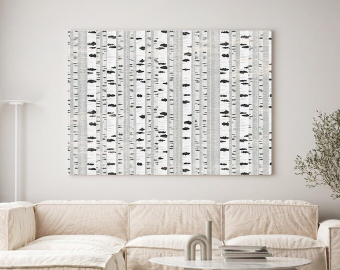 Modern Birch Tree Wall Art Canvas, Abstract Monochromatic Art, Extra Large Black & White Framed Canvas, Birch 01