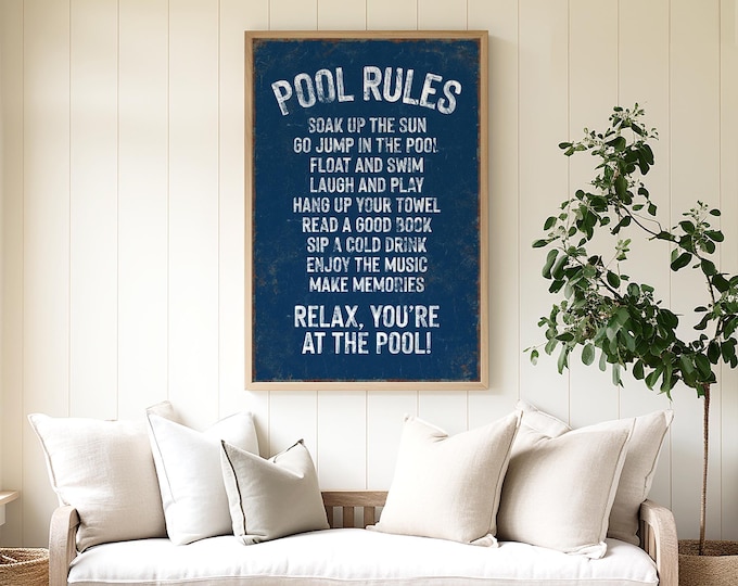 Pool Rules Sign, Navy White Rust Weathered Typography, Nautical Outdoor Decor