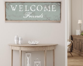 Art Print Above Bed, Modern Farmhouse Welcome Friends Wall Art, Soft Green Decor