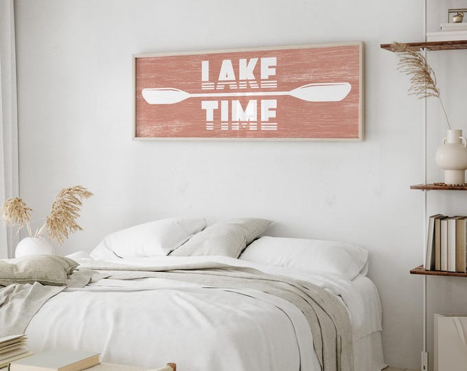 Lake Time Coral Sign, Charming Faux Weathered Wood Décor for Cozy Spaces, Canvas Paper Aluminum Options, White on Coral, Paddles and Oars