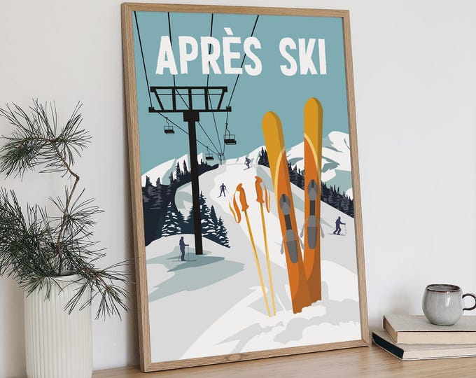 Mountain Wall Sign, Apres Ski Chairlift Travel Poster, Pale Blue Cabin Decor