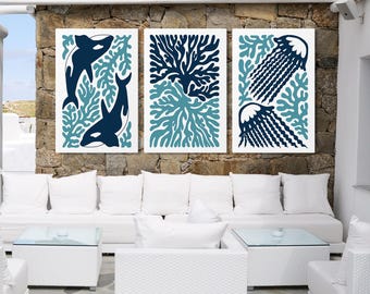 Framed Ocean Triptych Set for Modern Beach House Decor, Jelly Fish, Whales, Coral, Gift for Nautical Lover, Green and Blue, Seaweed • 337
