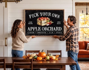 Vintage-Herbstdeko, Apfelpflücken zum Selbstpflücken, Schwarzes Marktschild im Landhausstil, Erntegeschenk