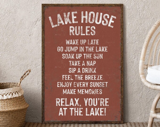 Cabin Wall Art: Vintage Lakehouse Rules - Distressed Aluminum