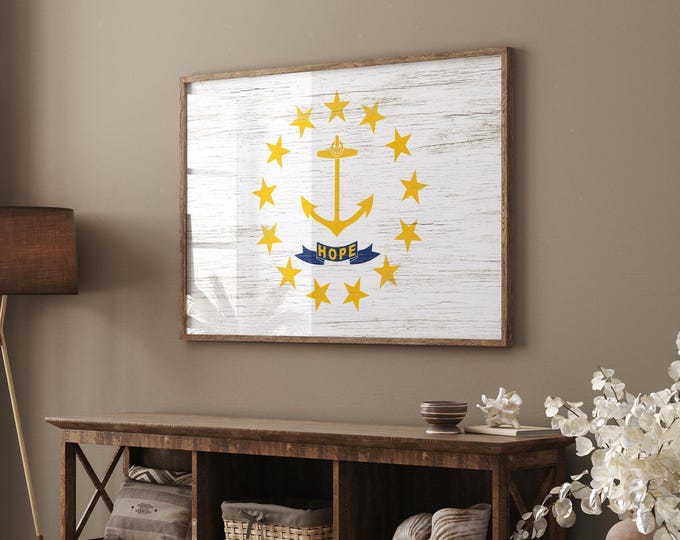 Rhode Island State Flag Sign, Gold Anchor and Hope Motto, Distressed Coastal Wall Art Gift